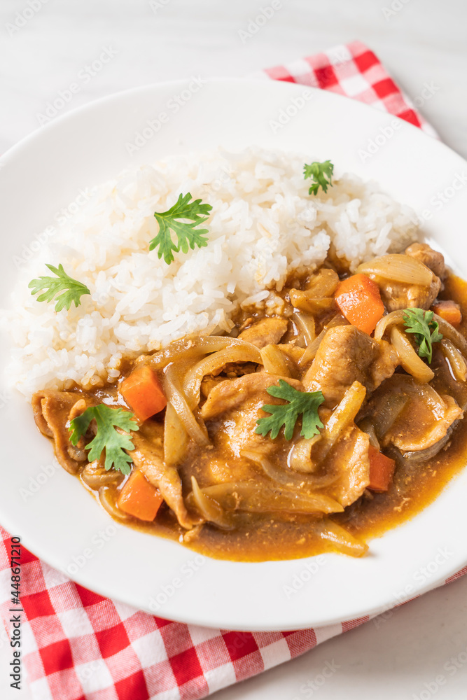 Japanese curry rice with sliced pork, carrot and onions Japanese curry rice with sliced pork, carrot and onions