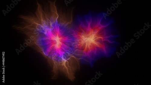 Colorful glowing lattice cosmic string, stars, filaments and hair structures. 3d illustration render