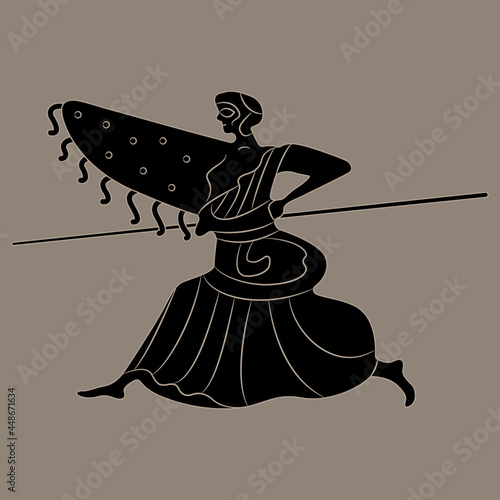Running ancient Greek warrior woman with shield and spear. Goddess Athena or Amazon. Monochrome negative silhouette. Vase painting style.