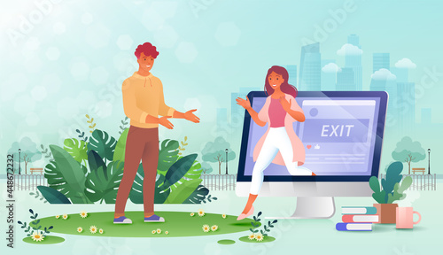 Woman quitting social media and walking out from computer screen to meet with friend in person, digital detox concept Vector illustration.