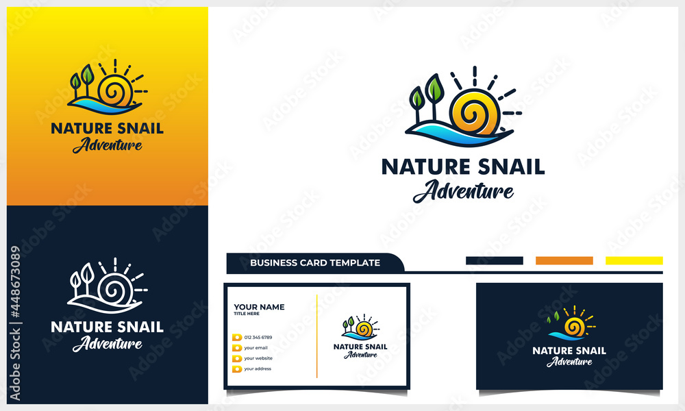 snail with natural adventure logo concept and business card template