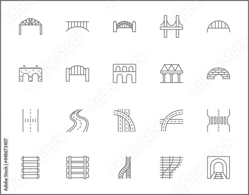 Set of bridge and road line style. It contains such as street, way, path, track, route, navigation, tunnel, transport and other elements.