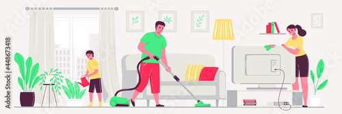 Happy Family doing homework. Parents with children cleaning house. Cleaning day vector illustration 