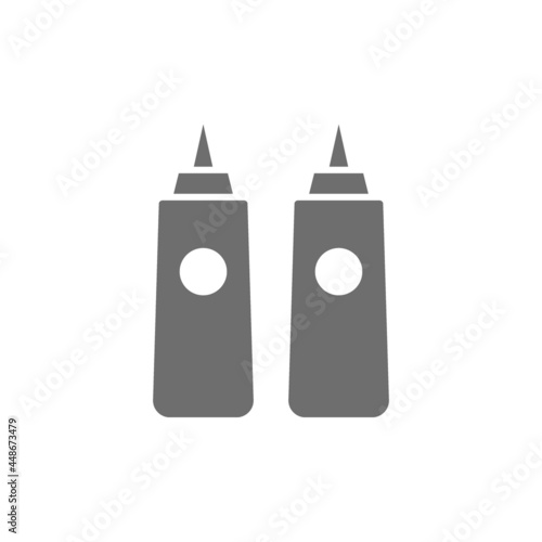 Sauces in bottles, ketchup, mustard, mayonnaise gray icon.
