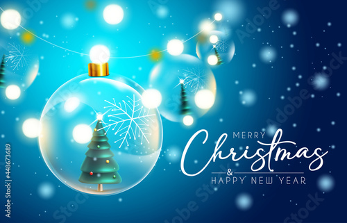 Merry christmas vector background design. Merry christmas greeting text with hanging crystal balls and pine tree elements for xmas holiday celebration card decoration. Vector illustration 