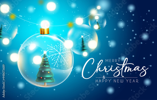 Merry christmas vector background design. Merry christmas greeting text with hanging crystal balls and pine tree elements for xmas holiday celebration card decoration. Vector illustration
