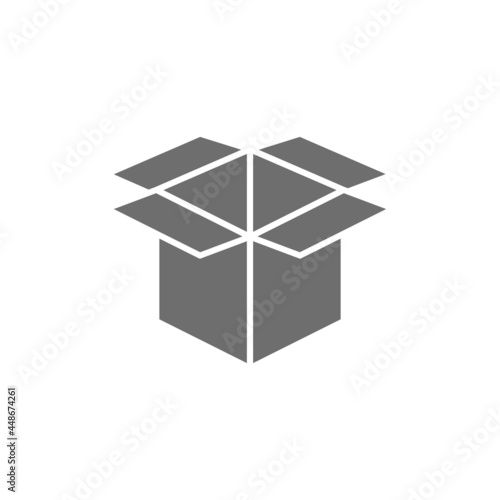 Open cardboard box, paper garbage gray icon.