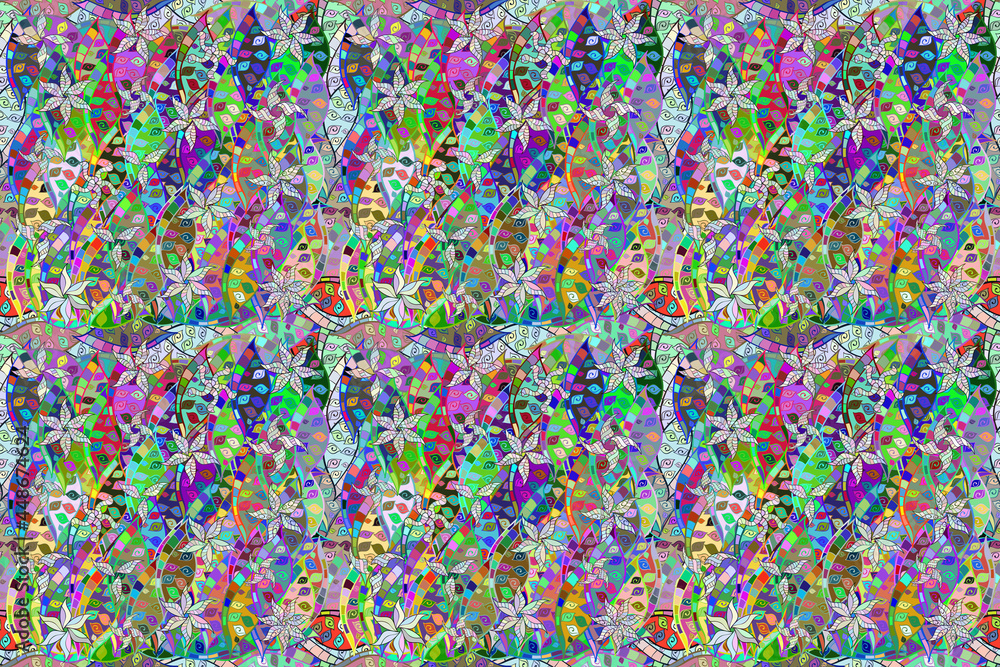 Seamless pattern with interesting doodles on colorfil background. Pano. Raster illustration. Seamless pattern with interesting doodles on colorfil background. Pano. Raster illustration.