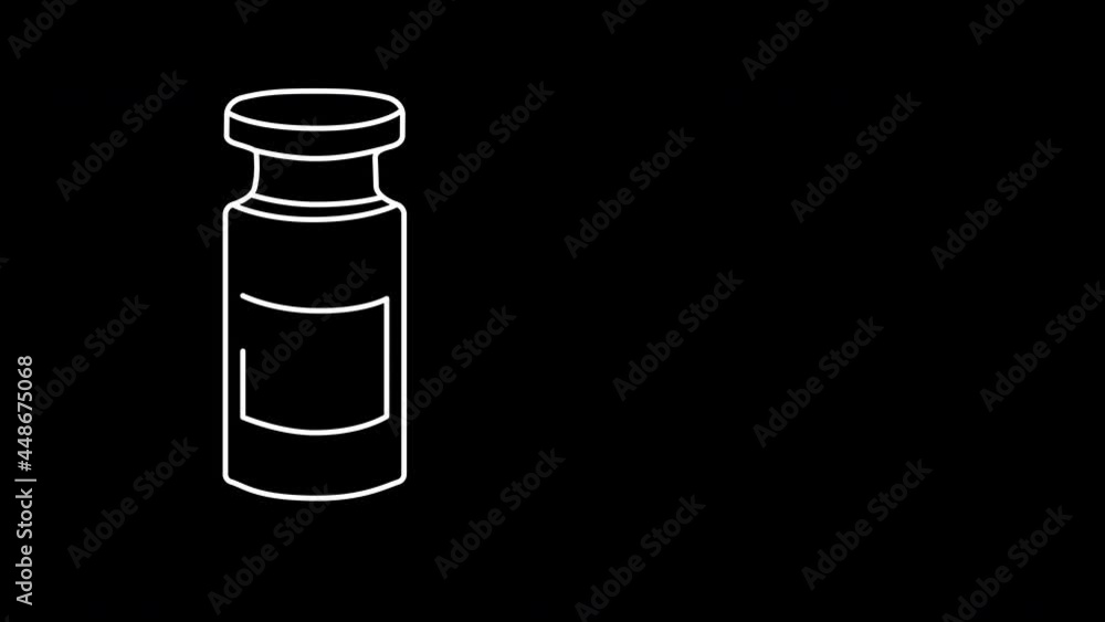 Self drawing animation of covid 19 vaccine bottle, injector, medical syringe. Black background. Self drawing animation of covid 19 vaccine bottle, injector, medical syringe. Black background.