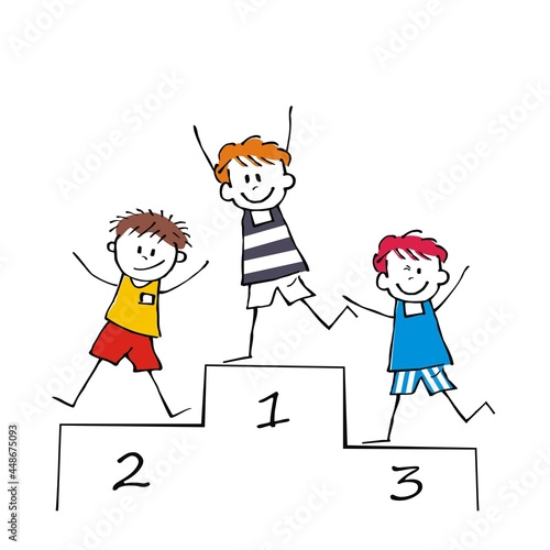 victory, three boys on winner podium, vector illustration
