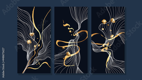 Luxury gold wallpaper.  Black and golden background. Grunge wall art design with golden line art abstract wave. Modern art mural wallpaper. Vector illustration.