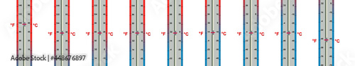 Vertical thermometer on a white background. A set of measured values for temperatures for warm and cold seasons. Two scales in degrees - celsius, fahrenheit.