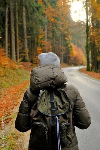  Autumn hikes and travel. Girl with a backpack walks along the road in the autumn forest. Walk and sport in the autumn season.Traveler with a backpack.Hitchhiking travel