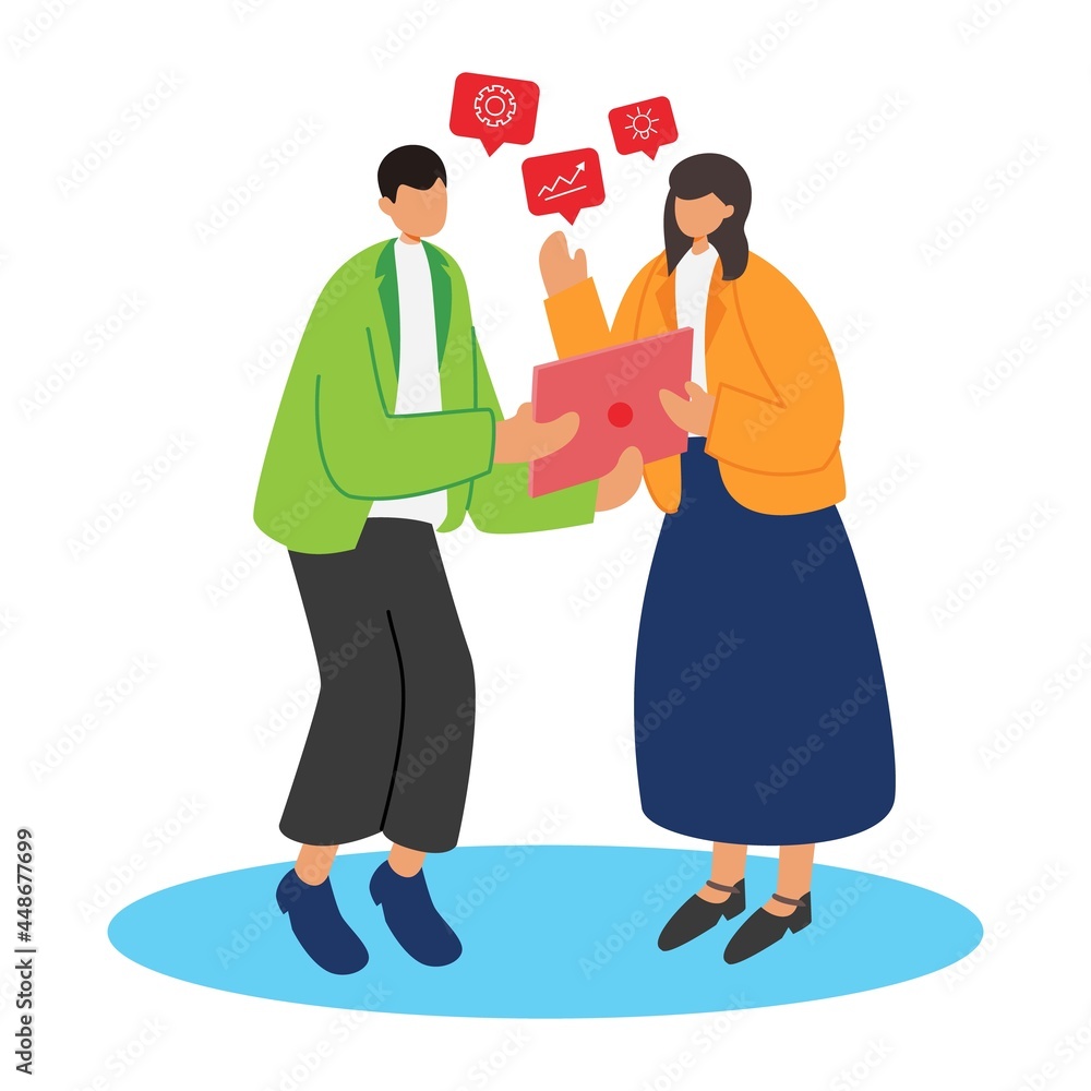 Fototapeta premium Vector illustration of workers communicating using software technology, office workers managing digital technology, corporate team presentation in the office