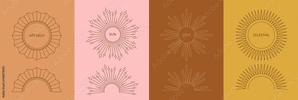 Linear art deco sun symbols. Boho modern minimalist style mirror, frame. Design elements for decoration, logo, Linear art deco sun symbols. Boho modern minimalist style mirror, frame. Design elements for decoration, logo,