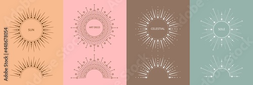 Linear art deco sun symbols. Boho modern minimalist style mirror, frame. Design elements for decoration, logo,