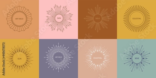 Linear art deco sun symbols. Boho modern minimalist style mirror, frame. Design elements for decoration, logo,