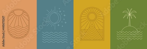 Linear art sun, moon, sea, island mountain, palm. Boho modern minimalist style landscape