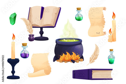 Set Witchcraft tools Magic Bottles with liquid potion, witch cauldron, parchment scroll with quill, old books, candles in cartoon style isolated on white background. alchemy asset