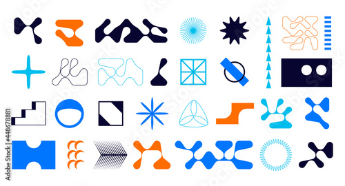 Abstract figure pattern. Geometric Bauhaus abstraction artwork. Brutalism collage banner. Minimalistic symbols collection. Colorful silhouette shapes set. Vector contemporary design