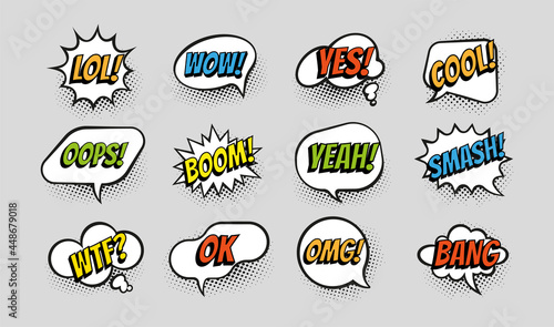 Comic bubble. Pop style communication balloons. Dialog elements with text and graphic art. Boom and Oops effects. Wow or Yeah funny cartoon reactions. Vector expression symbols set