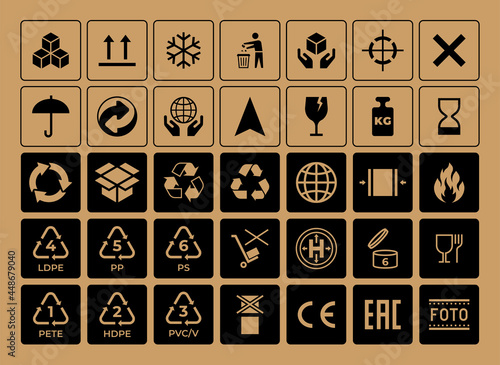 Cardboard package icons. Attention and caution symbols for store and transportation. Logistics and recycle warning emblems collection. Minimal black signs. Vector boxes stickers set