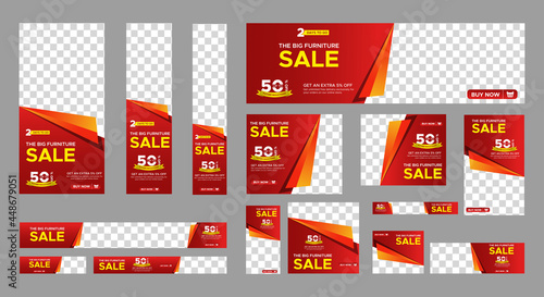 
Set of furniture sale web banners of standard size with a place for photos. Vertical, horizontal and square template. Vector illustration EPS 10