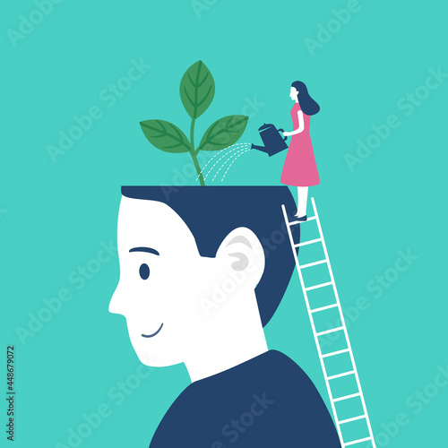 Woman watering plant growing from human head in flat design. Mental health. Psychotherapy. Psychological therapy.