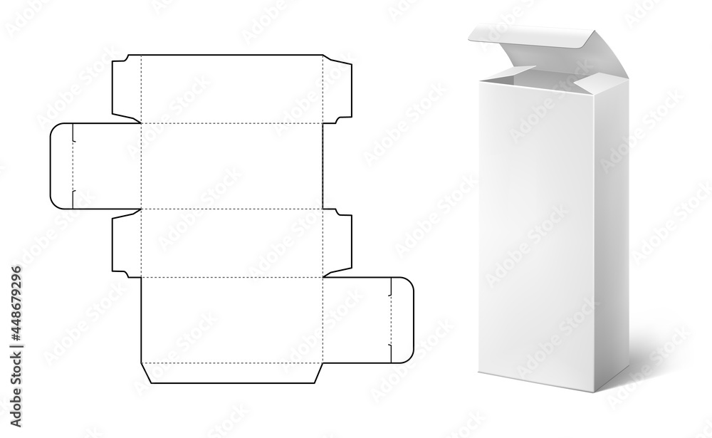 Box die cut. Realistic carton package blueprint layout. Tall rectangular food and medical pack. Isolated empty paper container mockup. Vector cardboard packaging template for branding - obrazy, fototapety, plakaty 