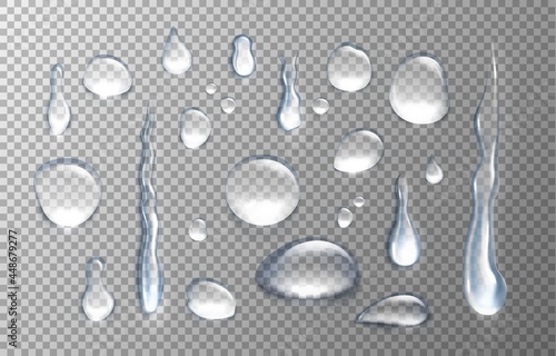 Realistic droplet. 3D water drops. Isolated drips on transparent background. Cold surface condensation. Flowing clear aqua splash mockup. Splatters with reflection. Vector raindrops set