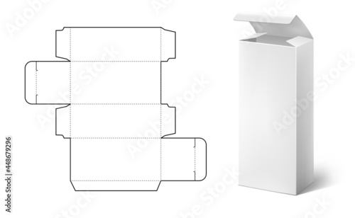 Box die cut. Realistic carton package blueprint layout. Tall rectangular food and medical pack. Isolated empty paper container mockup. Vector cardboard packaging template for branding