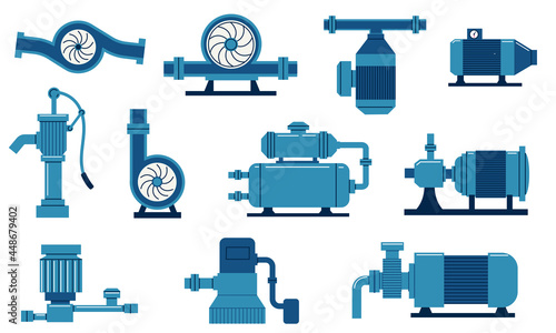 Water pump. Electric machine with compressor, aqua tank and motor. Gas and oil plumbing system. Cisterns with tube and valves. Industrial equipment set. Vector engineering construction