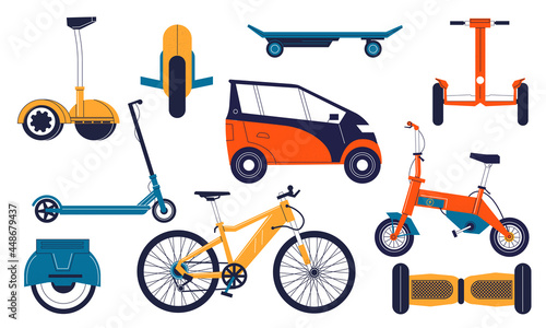 Electric transport. Cartoon personal electrical vehicles. Balanced monowheel and gyroscooter. Isolated bicycle or ecological automobile. Hoverboard and electro-scooter. Vector bikes set