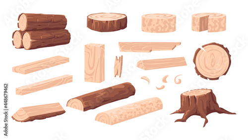 Cartoon lumber. Wood materials. Forest tree trunk and log. Branches with bark. Wooden plank and stump. Oak or pine natural construction board for carpentry. Vector sawmill products set © SpicyTruffel