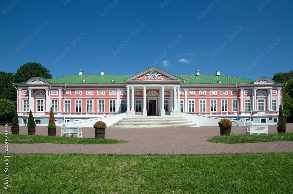 Moscow, Russia - June 17, 2021: The Palace of Count Sheremetev in the Kuskovo Estate Museum