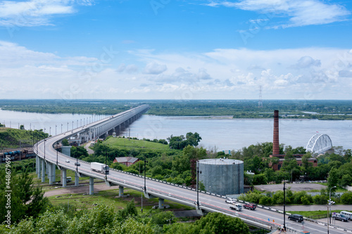 Khabarovsk, Russia, July 8, 2021: Bridge over the Amur River summer landscape