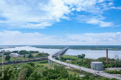 Khabarovsk, Russia, July 8, 2021: Bridge over the Amur River summer landscape