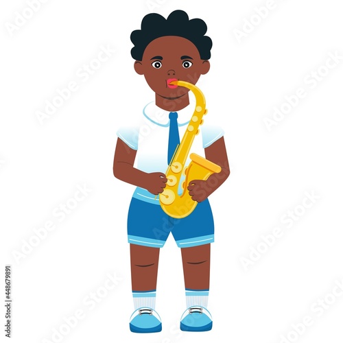 The boy is a tenor saxophonist. A schoolboy from a music school playing the saxophone. Vector. Cartoon style. Fictional character.	 photo