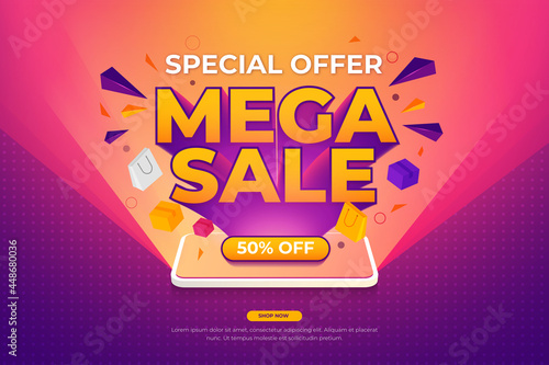 Mega sale banner template with bright phone float items 