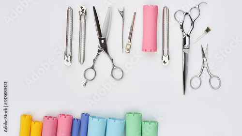 Set of professional hairdresser tools isolated on white background