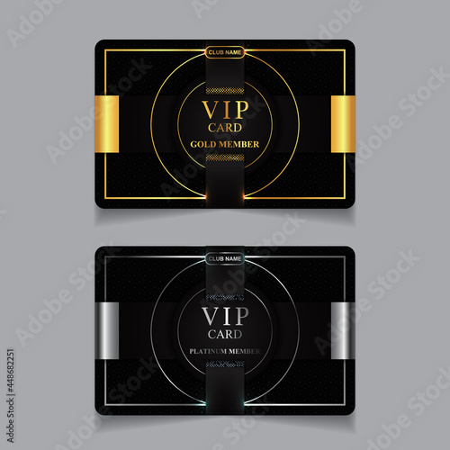 Vector VIP golden and platinum business card. Black geometric pattern background with premium design. Luxury and elegant graphic template layout for vip member
