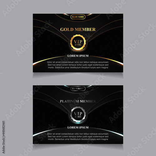 Vector VIP golden and platinum business card. Black geometric pattern background with premium design. Luxury and elegant graphic template layout for vip member