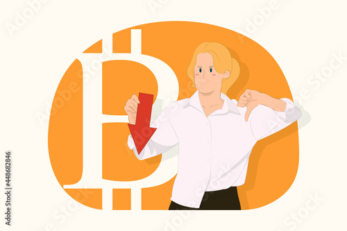 Young dissatisfied business woman hold down value fall arrow concept