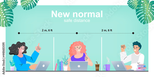 People keeping distance in office conference. Business meeting lifestyle after pandemic covid-19 corona virus. New normal is social distancing and wearing mask. Vector illustration of workstation.