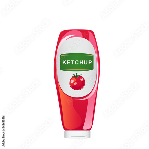Tomato ketchup bottle. Red sauce container with named white label isolated on whie background. Vector illustration in cartoon flat style.