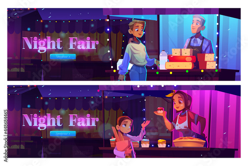 Night Fair Cartoon Web Banner With People Visit Outdoor Market