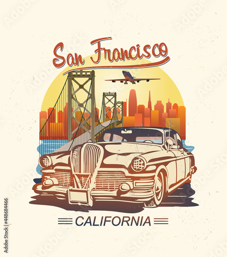San Francisco typography for t-shirt print with retro car.Vintage poster.