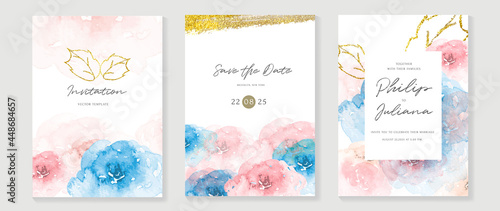 Abstract art background vector. Luxury invitation card background with golden line art flower and botanical leaves, Organic shapes, Watercolor. Vector invite design for wedding and vip cover template.