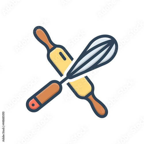 Color illustration icon for crossed rolling pin and whisk 
