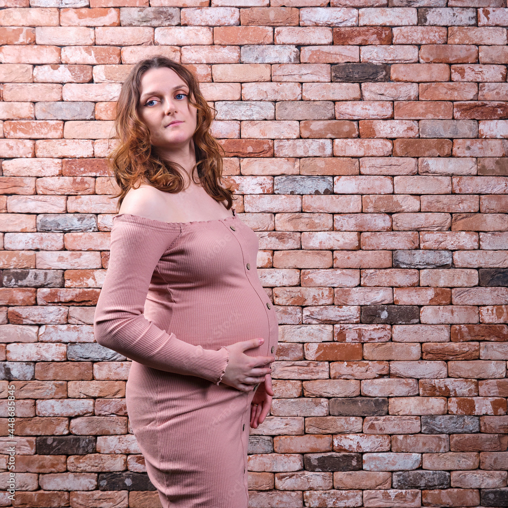 Portrait of pregnant woman in pink dress bonding belly against brick wall background Portrait of pregnant woman in pink dress bonding belly against brick wall background